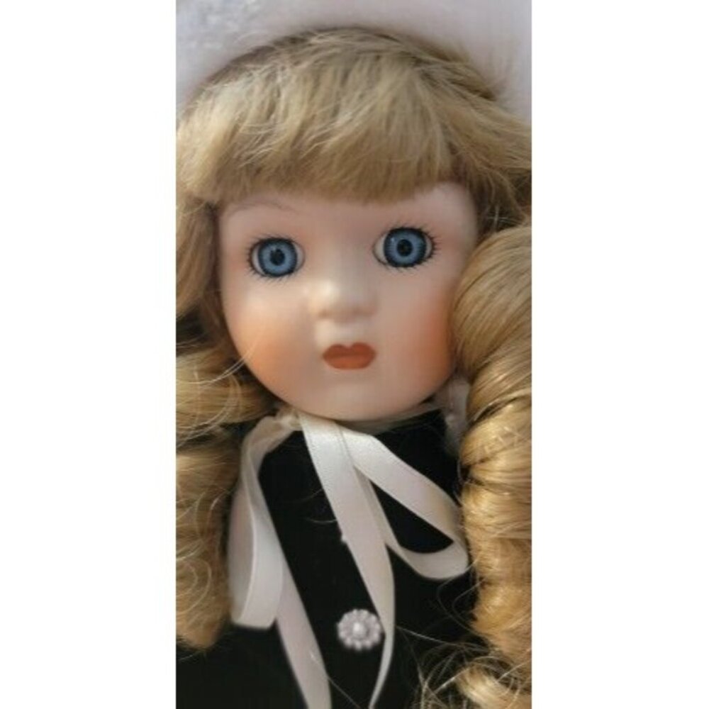ANCO Porcelain Doll in Black Winter Cape Dress Faux Fur Muff with Stand 16"